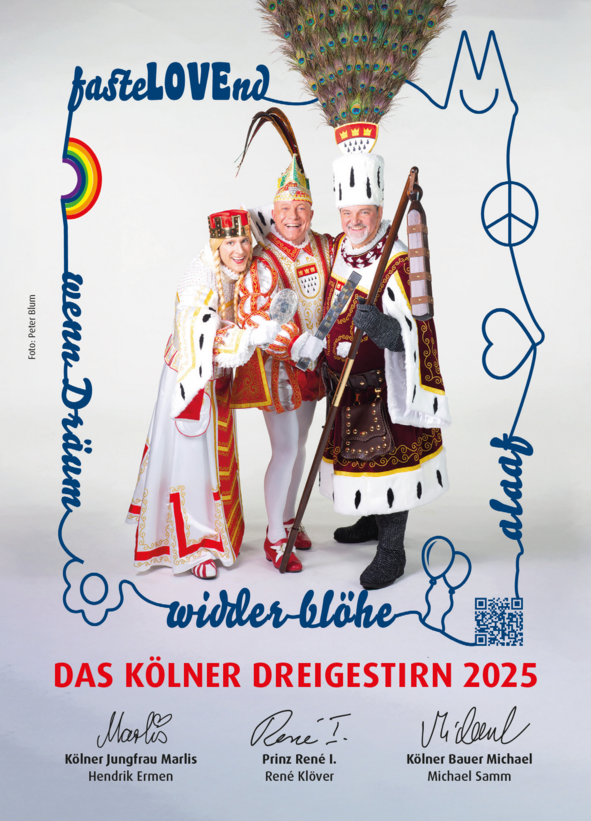 Dreigestirn 2025 Prinz Karneval: René I. (René Klöver) Bauer: Michael (Michael Samm) Jungfrau: Marlis (Hendrik Ermen)