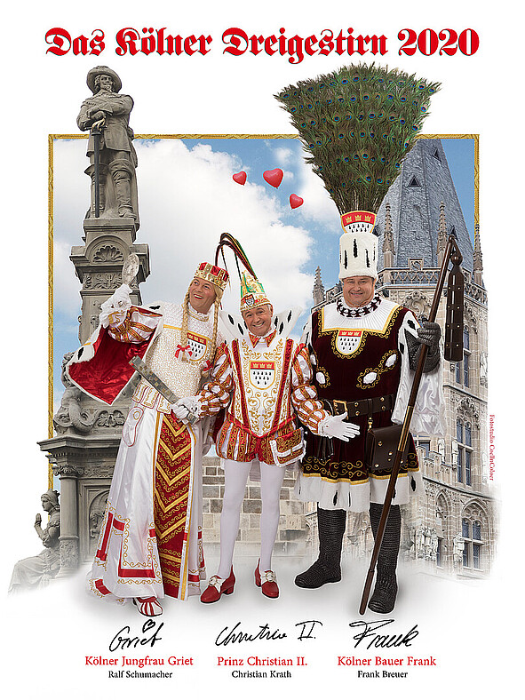 Autogrammkarte Kölner Dreigestirn 2020 Das Kölner Dreigestirn der Session 2020 steht vor dem Jan von Werth Brunnen, die Jungfrau schaut in ihren Spiegel, der Prin und der Bauer in die Kamera. Über allem steht der Schriftzug "Das Kölner Dreigestirn 2020", unter den drei Personen stehen die vollständigen Namen und ihre jeweilige Unterschrift. Von links nach rechts: Jungfrau Griet (Ralf Schumacher), Prinz Christian II. (Christian Krath) und Bauer Frank (Frank Breuer).